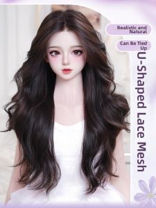 AINIYA | Hand-hooked Large Lace Middle Part Bangs Full Head Wig Long Wavy Curly Hair for Bald