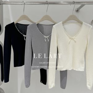Elegant Pearl Butterfly Knot Knitted Long Sleeve Womens Top Inner Wear Base Layer Spring Autumn Season Commute Simple Style