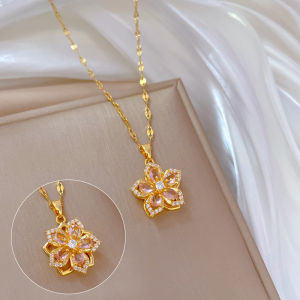 RINHOO Double-layer Rotatable Cherry Flower Necklaces for Women Exquisite Stainless Steel Rotatable Zircon Bauhinia Necklaces Jewelry