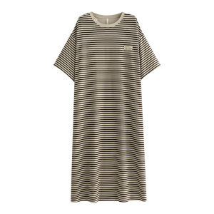 yuenei | Pure Cotton Womens Sleepwear Summer Short Sleeve Long Dress Home Clothes Loose Plus Size Striped Can Be Worn Outside