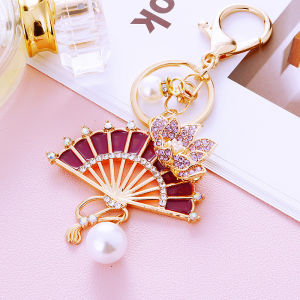 Creative Pearl Keychain Metal Diamond Embedded Lotus Flower Car Key Holder Cute Womens Handbag Pendant Key Ring