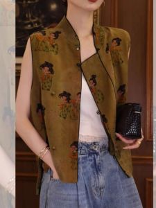Elegant Chinese Style Vest Tank Top Retro Wealthy Aesthetic Fashion Anti-Aging Vest Polyester Fiber Stand Collar All Seasons