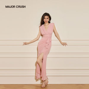French Style Pink V-neck Waist-accentuating Anti-aging Design Long Dress