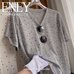 Lightweight V-neck Polka Dot Silk Short Sleeve T-shirt Loose Casual Summer Top for Women Comfortable Base Layer Shirt