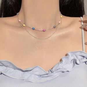 Nhiều Màu Sắc Dopamine Đính Hạt 2 Lớp Vòng Đeo Cổ Cho Nữ Thời Trang Tối Giản Thiết Kế Tươi Ra Vòng Cổ Hợp Kim Choker Bạc Vàng