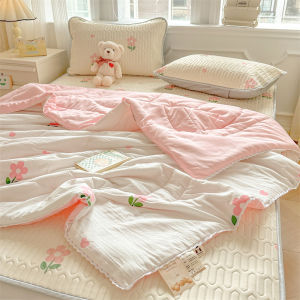 Washable Cotton Summer Air Conditioner Quilt Thin Cartoon Floral Edged Double Layer Lightweight Cooling Machine Washable Blanket