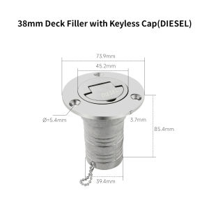 38/50mm 316 Stainless Steel Boat Deck Filler with Keyless Cap GAS DIESEL FUEL WASTE WATER Mirror Polish Marine Deck Filler Cap