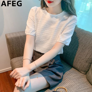 AFEG new Korean version round neck fashion loose all match temperament chiffon bubble sleeve blouse