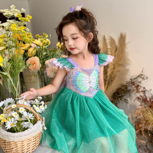 Girls Summer Fairy Princess Dress Full Skirted Mermaid Style Childrens Fashionable Party Gown Polyester Fabric No Sleeve