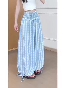 YISOF | Grey-Green Plaid Culottes Summer Thin High Waist Ankle-Fitted Trousers