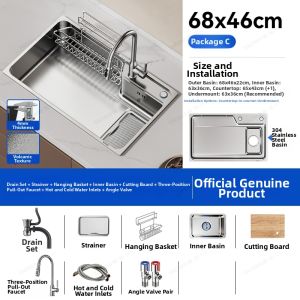 TAOSHI | 304 Stainless Steel Kitchen Sink 4mm Panel Japanese Style Large Single Basin Sink with Faucet and Dish Rack Complete Set for Modern Kitchen