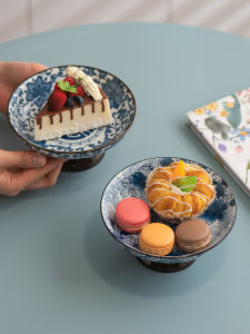 Retro Chinese Style Blue And White Ceramic Dessert Plate High Footed Tea Snack Tray Pastries Plate Fruit Basket Dining Utensils