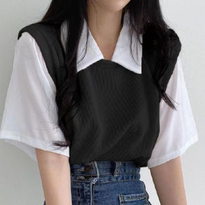 New Women Polo Shirt Summer Women Fake Two-Piece Color-Blocked Short Sleeve Loose Top Girls Casual Basic Shirt Adult Polo Shirt