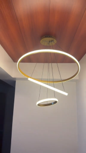 AceDeal [Support Lalamove Bulk Orders] 24Inch Tri Color Chandelier Restaurant Golden Tri Circle Pendant Light Remote Control Dimmable Northern Europe Hanging Lamp Living Room Home Decoration Ceiling Light
