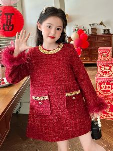 Váy Đỏ Cho Bé Gái Mùa Đông Váy Ngắn Chữ a Dài Tay Cổ Đứng Váy Dự Tiệc Cho Trẻ Em Váy Trẻ Em Thời Trang