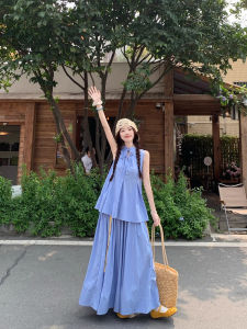 Elegant Summer Outfit Womens Sleeveless Shirt Top And Halter Skirt Two-Piece Set Casual Style Polyester Fabric Button Closure