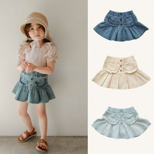 Girls Summer Denim Skirt Pants Elastic Waist Small Pocket Fake Two-Piece High Waist Short Cotton Blend Korean Style Childrens Clothing