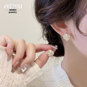 WENXI | White Pearl Camellia Designer Earrings