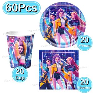 KAYOU | 60Pcs Kpop Girl Theme Disposable Tableware Set Cartoon Paper Plates Cups Napkins Kids Birthday Baby Shower Party Supplies Decor