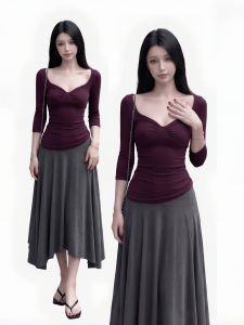 qiaocong | French Style Flirty V-Neck Ruffled Three-Quarter Sleeve Top Slimming Midi Skirt Set