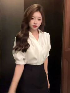 Summer White Short-sleeve Shirt 2025 New V-Neck Chiffon Top Elegant Office Lady Clothes Tops High-end Shirt Fashion Blouses Chic