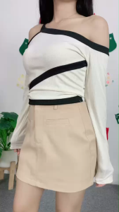 ชุดเซ็ตแฟชั่น เสื้อแขนยาว+กระโปรงสั้น สไตล์สาวหรู สวมใส่สบาย