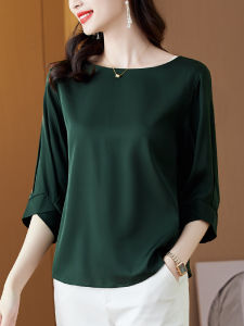 Loose Mommy Style Seven Sleeve Chiffon Shirt Women Autumn Fashion Simple Elegant Belly Covering Midi Length Top by Paifuya