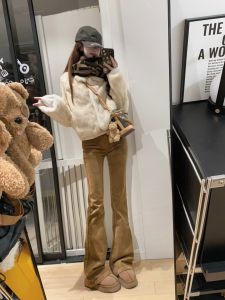 Extended Size 175 Womens Low Waist Flared Pants Casual Corduroy Autumn New Style Brown Color American Caramel Trousers