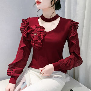 Yimei Áo xù dài tay độc đáo và đẹp thời trang mới mùa thu áo thun màu đen hoa ba chiều cổ tròn khoét rỗng làm bằng cotton