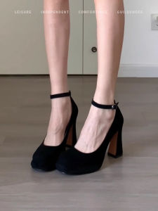 2025 Spring New Elegant French Style Womens High Heels with Buckle Waterproof Platform Square Head Thick Heel Single Shoes