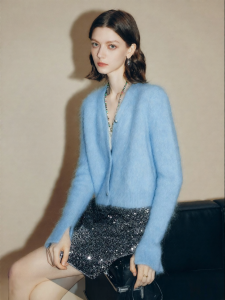 FAMANXUAN | Blue V-Neck Long Sleeve Knit Cardigan