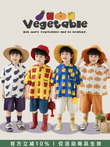 Lightweight Breathable Boys Casual Shirt And Shorts Set Fruit And Vegetable Print Loose Fit Summer Clothing for Kids