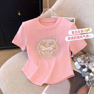 Áo Thun Tay Ngắn Thêu Viền Ren Phong Cách Trung Hoa Mới Mùa Hè Dành Cho Nữ Áo Sơ Mi Cổ Tròn Cotton 95% Spandex 5%