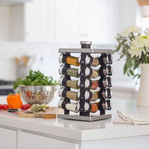 Orii 20 Jar Spice Organizer Rack in Dark Acacia Wood/Stainless-Plastic Rack