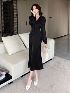 Elegant Chic Long V-neck Butterfly Knot Wrap Waist Slimming French Style Dress Womens Fashionable Commute Korean Version Shuanglong Sleeve