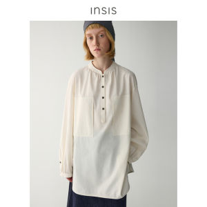 INSIS FEMME | New Chinese Style Pleated Half Placket Stand Collar Cotton Shirt