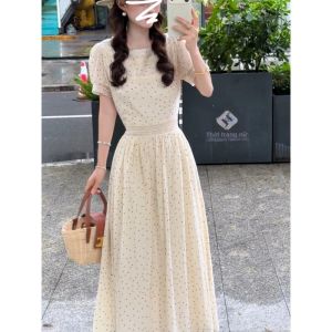 LIRENQING | Đầm Dài Mới Thiết Kế 2026 Voan Pháp Có Đốm Tay Ngắn Accent Waist