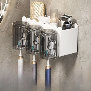 Bathroom Wall-Mounted Toothbrush Toothpaste Rack No-Drill Suction Cup Dental Care Organizer with Cup for Brushing Teeth And Spitting