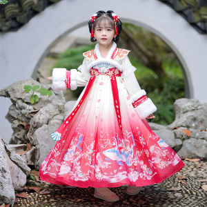Girls Hanfu Winter Clothes Fleece-Lined Ancient Style Super Fairy Tunic Dress Childrens Qipao New 2025 Autumn Winter Kids Dress