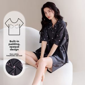 MiiOW | Cat Woman Summer Lightweight Pure Cotton Short Sleeve Loose Plus Size Home Clothes Set With Chest Pad Can Be Worn Outside