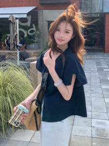 YUFUQING | Korean Style Loose Fit Short Sleeve V-Neck Shirt Womens Summer New Fashion Unique Beautiful Dark Blue Top Commute Style Polyester Fiber