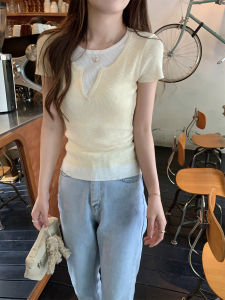 เสื้อสเวตเตอร์คอตั้งแขนสั้นทรงสลิมฟิตสไตล์เกาหลีสำหรับผู้หญิงในช่วงฤดูร้อน เสื้อคลุมกันหนาวแบบสวมหัวแขนสั้นลายทาง