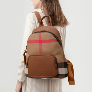 2026 New Check Pattern Leather Trim Backpack | Fashion Womens Travel & Commuter Backpack Classic Checkered Casual Daypack