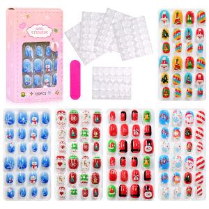 120pcs Christmas Children Fake Nails+File Stripe&Jelly Sticker Santa ClausSnowmanSnowflakes Round Press On Nails Xmas Kid Gift
