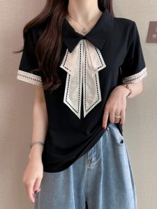 AIYITI | Plus Size French Style Short Sleeve T-Shirt with Polo Collar for Concealing and Slimming