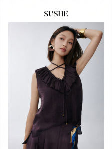 SUSHE | Double Layered Silk Ruffled Tie V-Neck Short Front Long Back Elegant Sleeveless Top