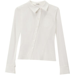 SOLWEIGE | SOLWEIGE Acetate Cotton Long Sleeve Shirt Patchwork Design See-through Slanting Placket Commute Style Slim Fit Womens Shirt