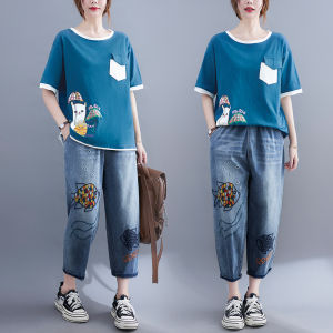 Shalldoer | Retro Loose Fit Denim Wide Leg Pants & T-Shirt Set