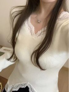 เสื้อชั้นในสไตล์ฝรั่งเศส Pure Desire สำหรับผู้หญิง ฤดูใบไม้ร่วง/ฤดูหนาว เสื้อชั้นในทรงเข้ารูป แขนยาว คอวี ลูกไม้ กระดุม แขนสั้น เสื้อชั้นในลายดอกไม้