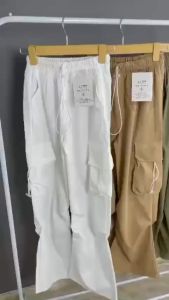 Quần ống rộng túi hộp eo dây rút vải kaki phong cách màu trơn 123